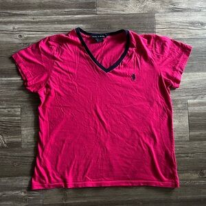 Ralph Lauren Women's Hot Pink V-Neck Short Sleeve Tee with Navy Trim